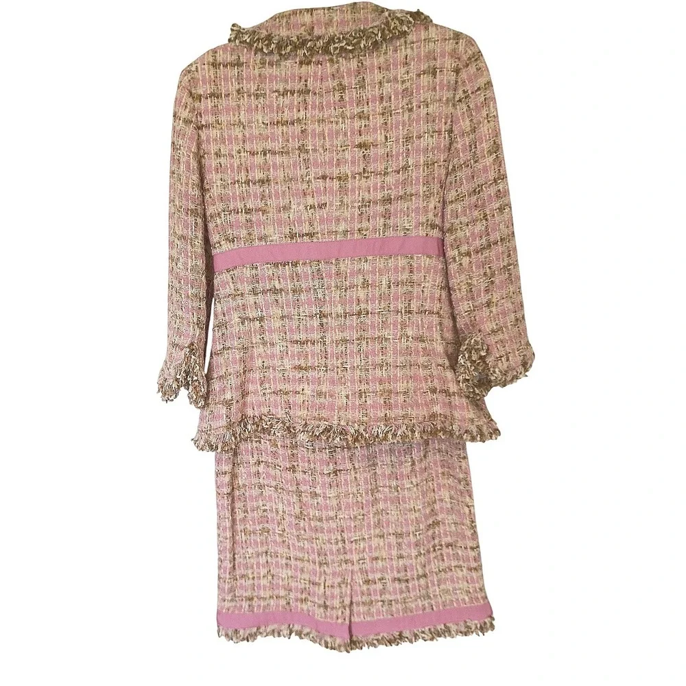 JÔN Pink Tweed Skirt Suit Set Jacket 10 Skirt 6 Fringe Trim‎ Bow